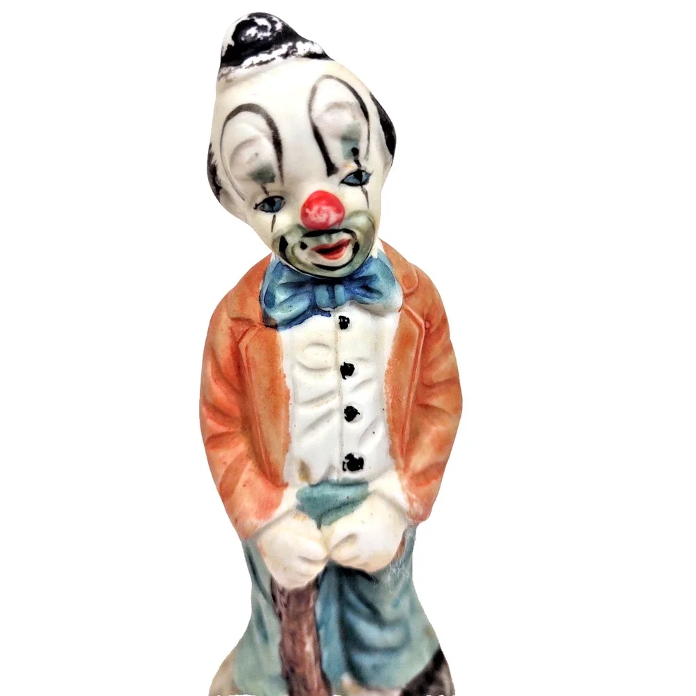 Vintage Bisque Porcelain Clown Figurine Hobo w Cane Taiwan 6” Tall Taiwan